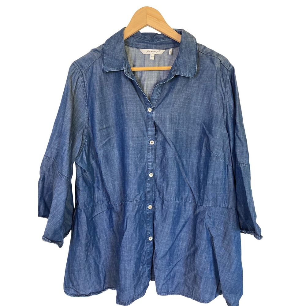 Foxcroft NYC Blue Tencel Lyocell Peplum Button Down Shirt Bell Sleeve 18W Tunic